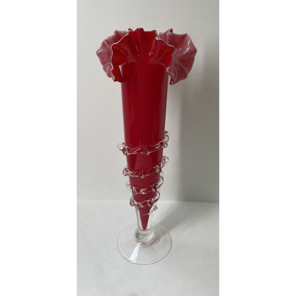 Vintage 1960s Murano Red‎ Art Glass 11.5" Trumpet Base with Ruffled Drilled Rim